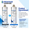 A promotional graphic for Pentair Everpure replacement filters showing two canister-style cartridges side by side on a light blue and white background. The left cartridge is labeled 'S-54' as discontinued, and the right cartridge is labeled 'H-54' as recommended replacement.