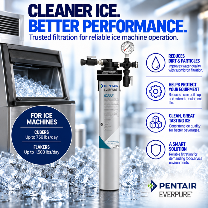 Pentair Everpure C2000 water filter cylinder shown next to a stainless steel ice machine on a white background with ice cubes, featuring marketing text and icons about improved performance, filtration, and ice quality.