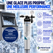 Pentair Everpure i2000 water filter cartridge shown in a promotional graphic with ice, a refrigerator, and French marketing text highlighting performance and protection for ice machines.