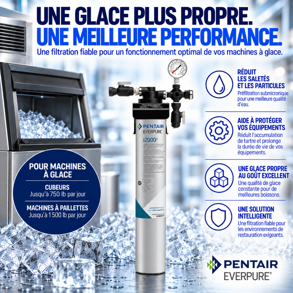 Pentair Everpure i2000 water filter cartridge shown in a promotional graphic with ice, a refrigerator, and French marketing text highlighting performance and protection for ice machines.