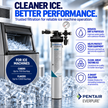Pentair Everpure C2000 water filter cylinder shown next to a stainless steel ice machine on a white background with ice cubes, featuring marketing text and icons about improved performance, filtration, and ice quality.