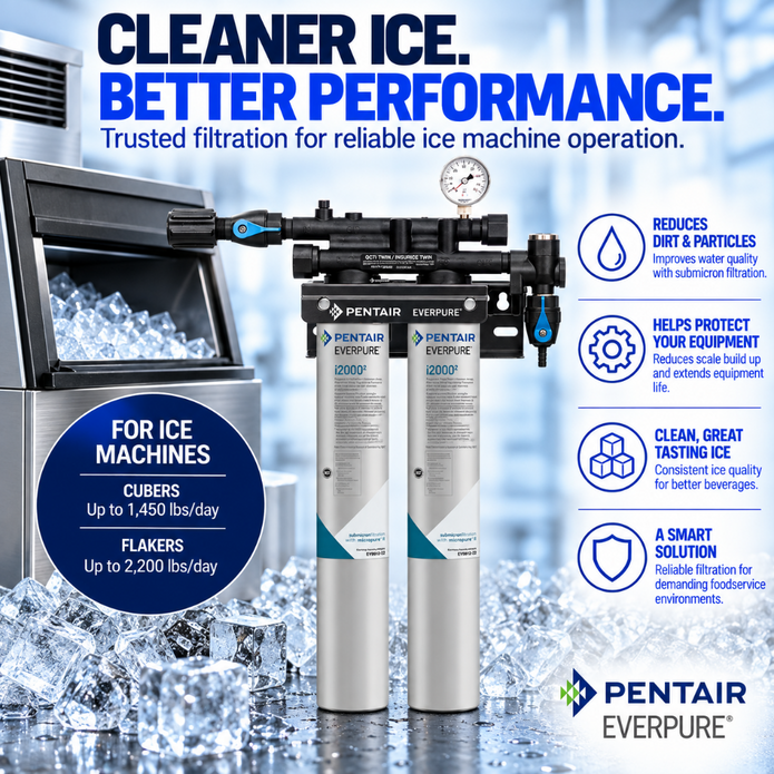 Pentair Everpure ice machine filtration system advertisement featuring two tall silver and white filter canisters with blue and teal branding, shown beside an ice maker and a stack of ice cubes. Large text reads 'CLEANER ICE.