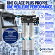 Pentair Everpure water filter system advertisement featuring two silver cylindrical filter canisters with blue and white labels, a black and silver pressure regulator, and a white background with French marketing text and ice graphics.