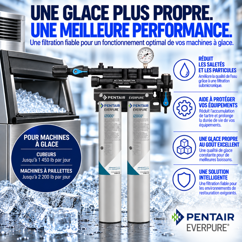 Pentair Everpure water filter system advertisement featuring two silver cylindrical filter canisters with blue and white labels, a black and silver pressure regulator, and a white background with French marketing text and ice graphics.