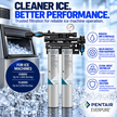 Pentair Everpure ice machine filtration system advertisement featuring two tall silver and white filter canisters with blue and teal branding, shown beside an ice maker and a stack of ice cubes. Large text reads 'CLEANER ICE.