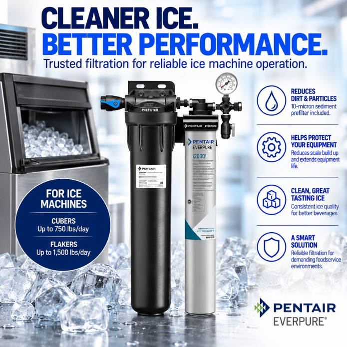 Pentair Everpure water filter system shown with a countertop ice maker and ice cubes on a promotional graphic background. The image includes product details, performance claims, and usage icons for an ice machine.