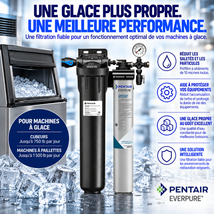 Pentair Everpure water filter system for ice machines, featuring a black and silver cylindrical filter canister, a black pre-filter, and a blue and white pressure gauge, shown next to an ice maker and promotional text in French.