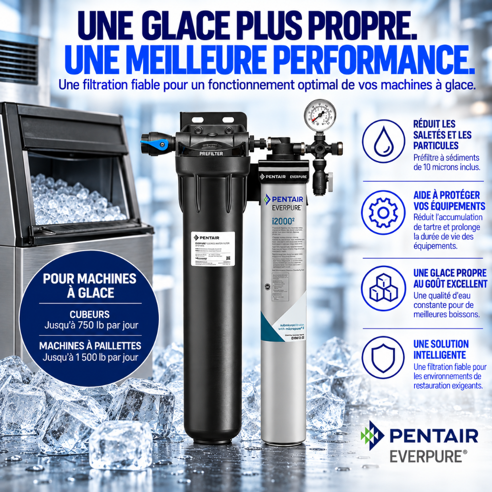 Pentair Everpure water filter system for ice machines, featuring a black and silver cylindrical filter canister, a black pre-filter, and a blue and white pressure gauge, shown next to an ice maker and promotional text in French.