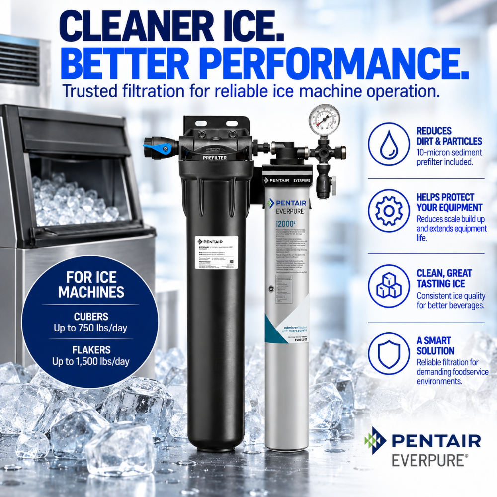 Pentair Everpure water filter system shown with a countertop ice maker and ice cubes on a promotional graphic background. The image includes product details, performance claims, and usage icons for an ice machine.
