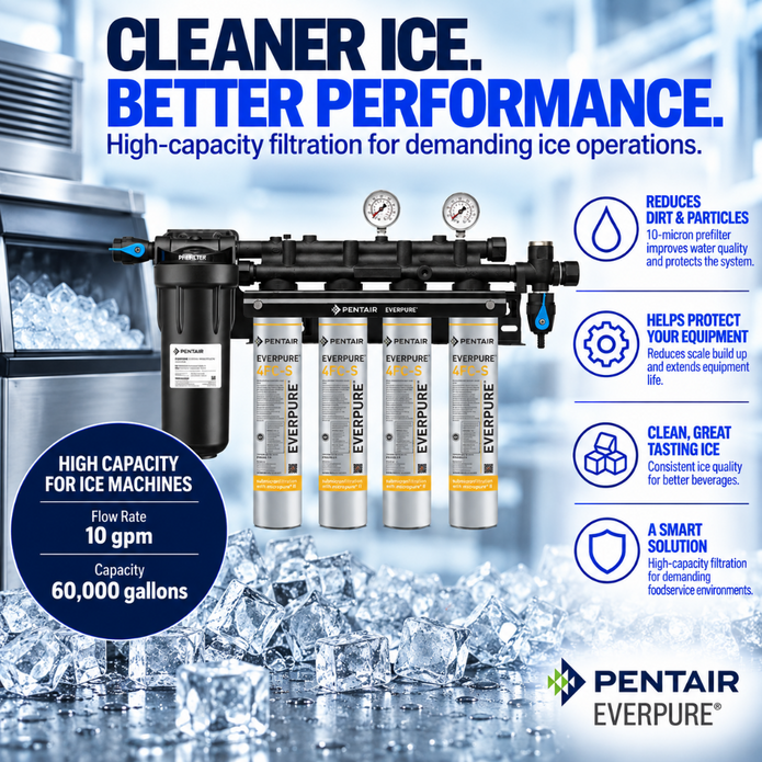 Pentair Everpure high-capacity water filtration system with five filter cartridges, two pressure gauges, and a black housing, displayed over a background of crushed ice with promotional text and icons.