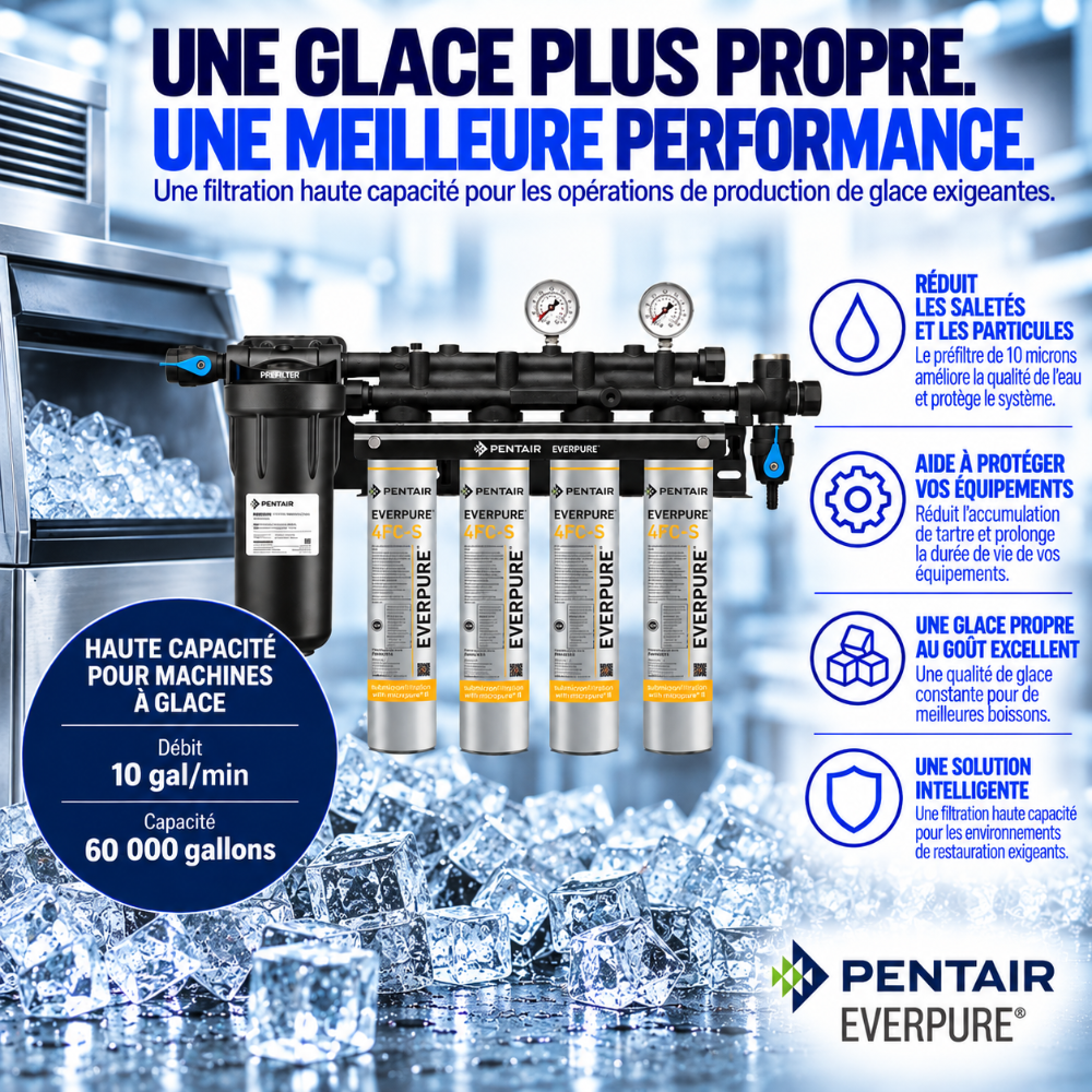 Pentair Everpure ice maker water filter system with four silver and black canisters, pressure gauges, and French promotional text on a icy blue background.