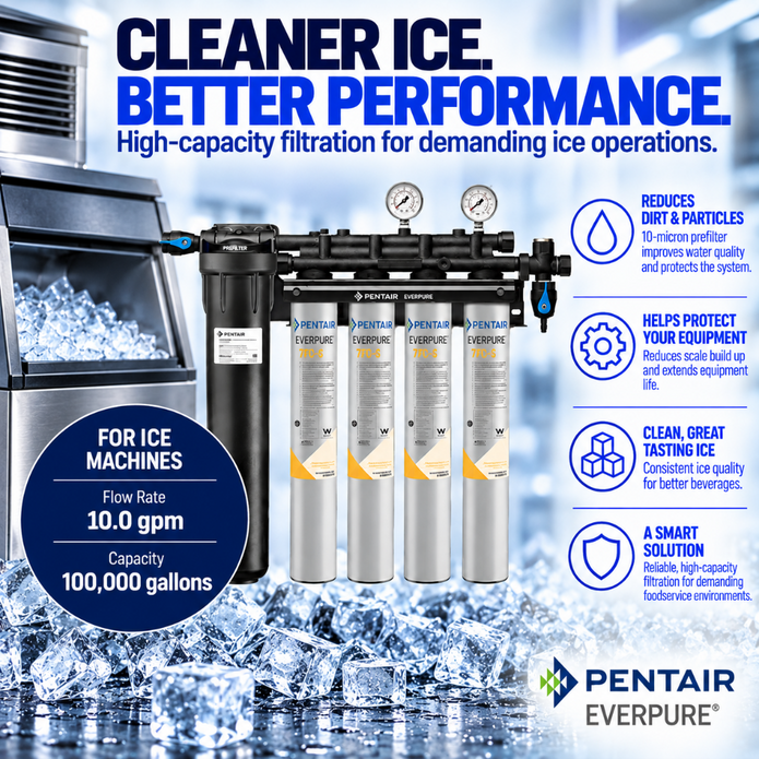 Pentair Everpure ice machine filtration system with multiple filter cartridges and gauges, shown on a promotional graphic with ice cubes and text highlighting flow rate, capacity, and benefits.