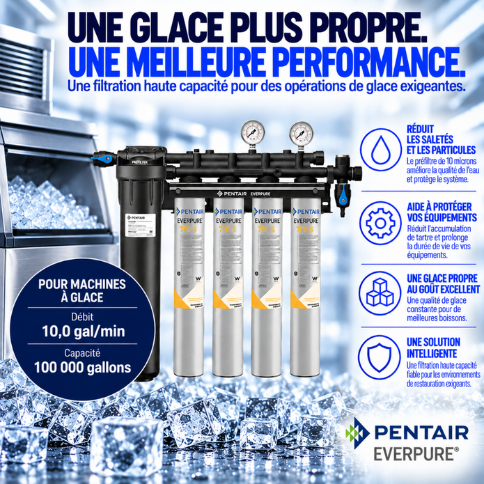 Pentair Everpure high-capacity water filter system with multiple canister filters, shown with French marketing text and ice graphics on a white background.