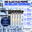 Pentair Everpure high-capacity water filter system with multiple canister filters, shown with French marketing text and ice graphics on a white background.