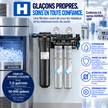 Pentair EverBrite ice maker filter system shown next to a glass ice machine, with French marketing text highlighting filtration, taste control, and suitability for hospitals and clinics.