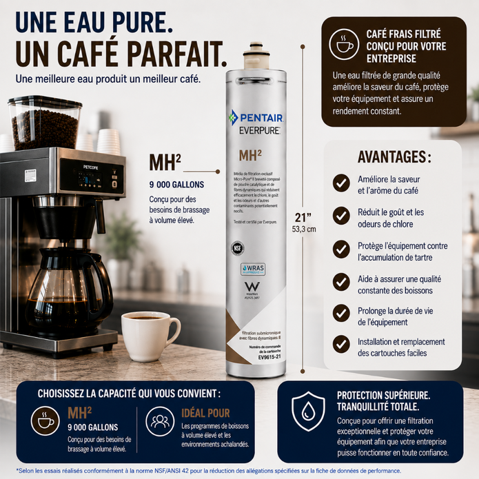 An infographic in French promoting Pentair EverPure MH2 water filter pitcher. The left side shows a coffee maker with a clear water reservoir, and the center shows the white and blue MH2 pitcher bottle.