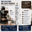 An infographic in French promoting Pentair EverPure MH2 water filter pitcher. The left side shows a coffee maker with a clear water reservoir, and the center shows the white and blue MH2 pitcher bottle.