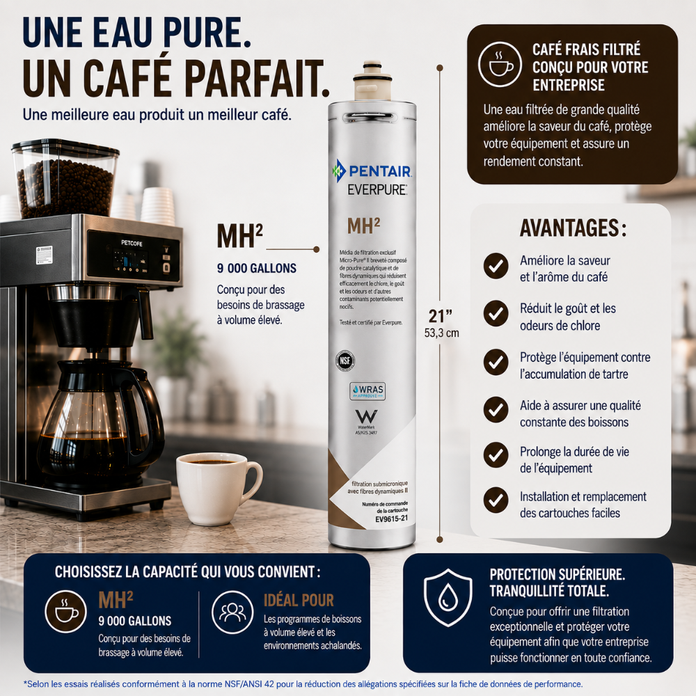 An infographic in French promoting Pentair EverPure MH2 water filter pitcher. The left side shows a coffee maker with a clear water reservoir, and the center shows the white and blue MH2 pitcher bottle.
