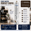 A promotional infographic for the Pentair EverTure MH2 water filter pitcher. The image features a large coffee maker on the left, a tall canister of the MH2 filter in the center, and several informational text boxes on the right detailing benefits and specifications, all set against a clean white background.
