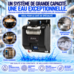 A large commercial water purifier machine labeled MRS 609 HE by Pure Cell, shown in a promotional graphic with French text, coffee and espresso cups, steam, ice, and water droplets. The product is black with silver and clear components, set against a blue water background.