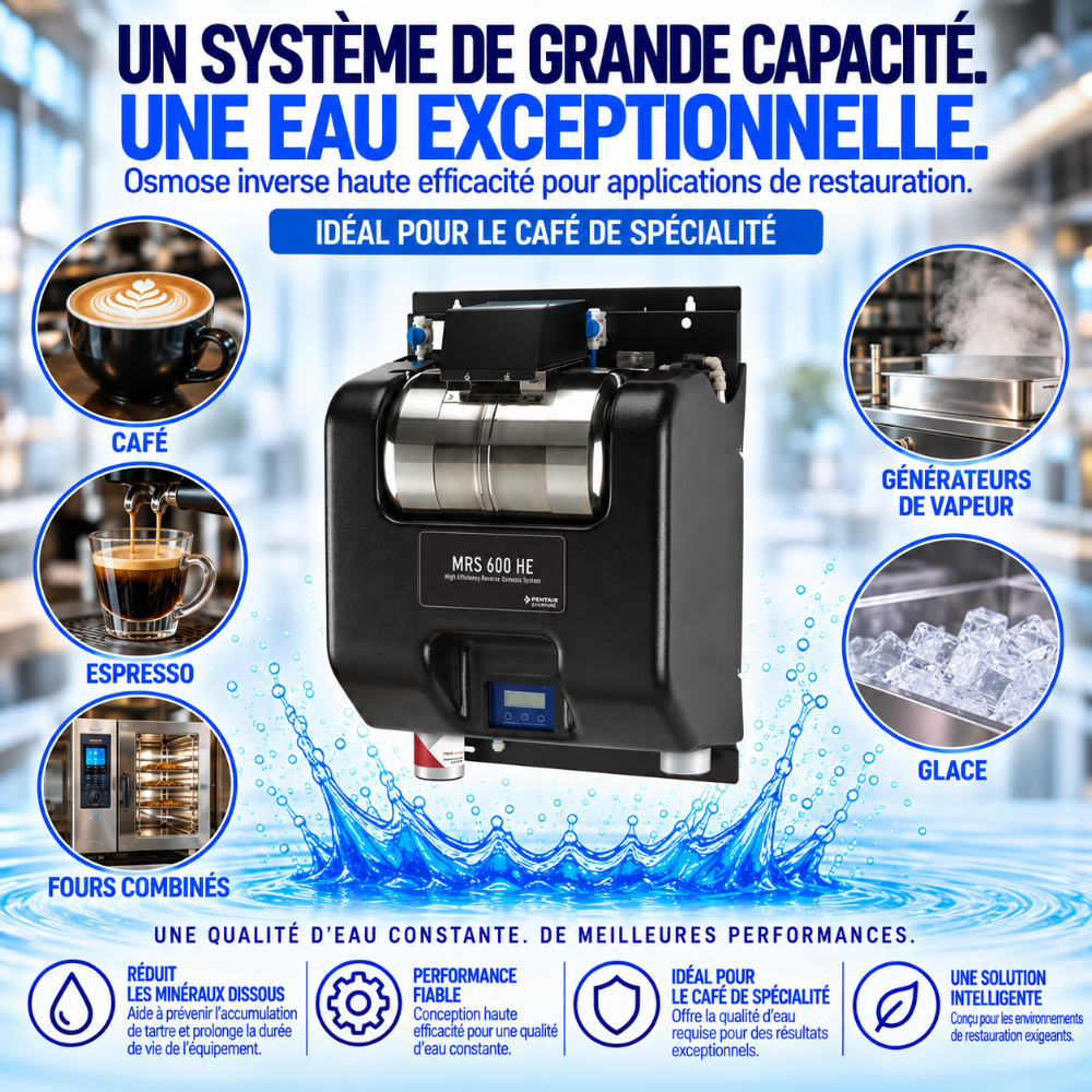 A large commercial water purifier machine labeled MRS 609 HE by Pure Cell, shown in a promotional graphic with French text, coffee and espresso cups, steam, ice, and water droplets. The product is black with silver and clear components, set against a blue water background.