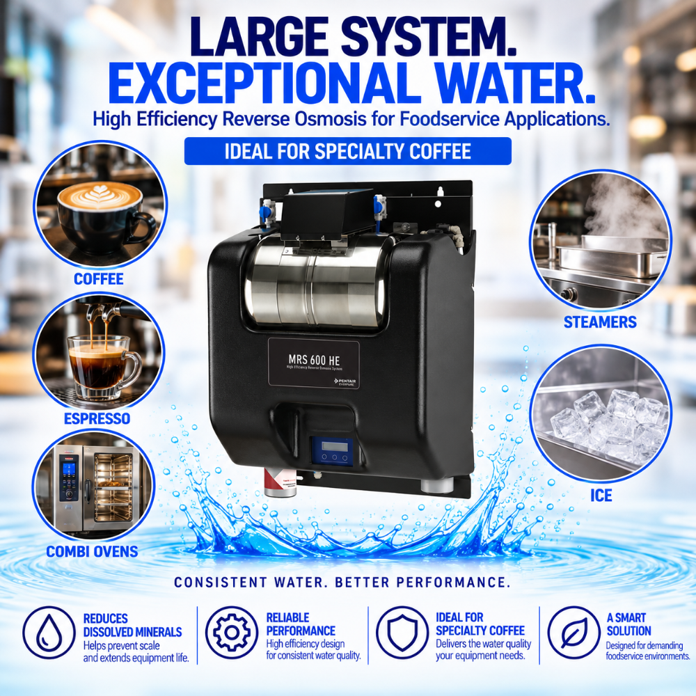 A large commercial reverse osmosis water system for foodservice, shown in a promotional graphic with the text 'LARGE SYSTEM. EXCEPTIONAL WATER.