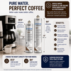A promotional infographic for Pentair Everpure OCS2 and BHF water filters, showing two white filter canisters with black labels, coffee maker and water dispenser mockups, capacity details for 1,500 L and 3,000 L systems, and benefit callouts on a white background.