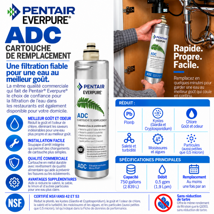 Pentair Everpure ADC replacement filter cartridge package with product information, before-and-after water quality comparison, and French usage benefits on a white background.