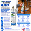 Pentair Everpure ADC replacement filter cartridge package with product information, before-and-after water quality comparison, and French usage benefits on a white background.