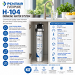 Pentair Everpure H-104 Drinking Water System promotional graphic with product features, specifications, and certification badges on a white background.