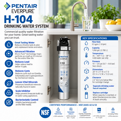 Pentair Everpure H-104 Drinking Water System promotional graphic with product features, specifications, and certification badges on a white background.