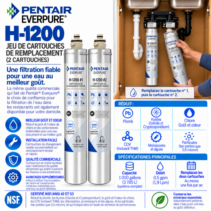 A French promotional graphic for Pentair Eversure H-1200 replacement filter cartridges, showing two white cylindrical cartridges with blue labels, alongside informational text, logos, and icons on a white background.