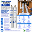 A French promotional graphic for Pentair Eversure H-1200 replacement filter cartridges, showing two white cylindrical cartridges with blue labels, alongside informational text, logos, and icons on a white background.