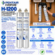 Pentair Everpure H-1200 replacement cartridge set (2 cartridges) shown installed under a kitchen sink, with an informational infographic overlay detailing features, filters, key specifications, and certification.