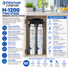 EverPure H1200 Two-Stage Drinking Water System with dual black and silver PENTUR filters, shown on a white background with a detailed blue informational graphic overlay detailing specifications and features.