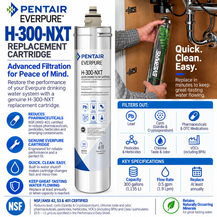 Pentair Everpure H-300-NXT replacement cartridge packaging and product information on a white background, with a central bottle label, blue feature icons, NSF certification text, and a photo of a plumbing setup on the right.