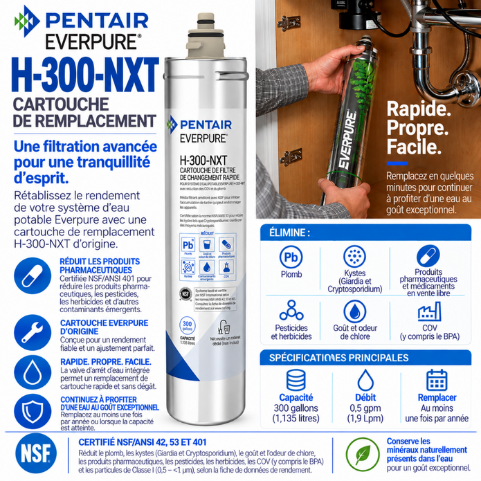 Pentair Everpure H-300-NXT replacement water filter cartridge package and product information graphic in French, showing the white cylindrical cartridge, packaging, NSF certification, and filter replacement benefits.