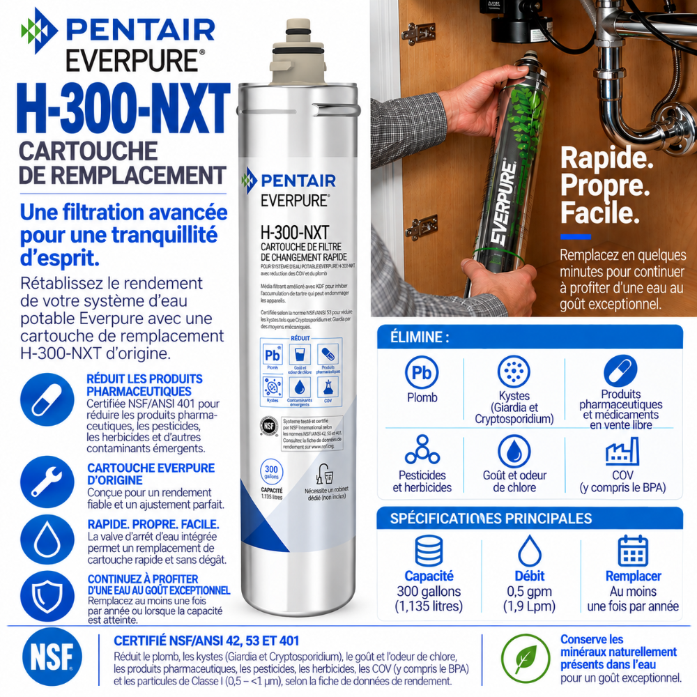 Pentair Everpure H-300-NXT replacement water filter cartridge package and product information graphic in French, showing the white cylindrical cartridge, packaging, NSF certification, and filter replacement benefits.
