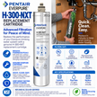Pentair Everpure H-300-NXT replacement cartridge packaging and product information on a white background, with a central bottle label, blue feature icons, NSF certification text, and a photo of a plumbing setup on the right.