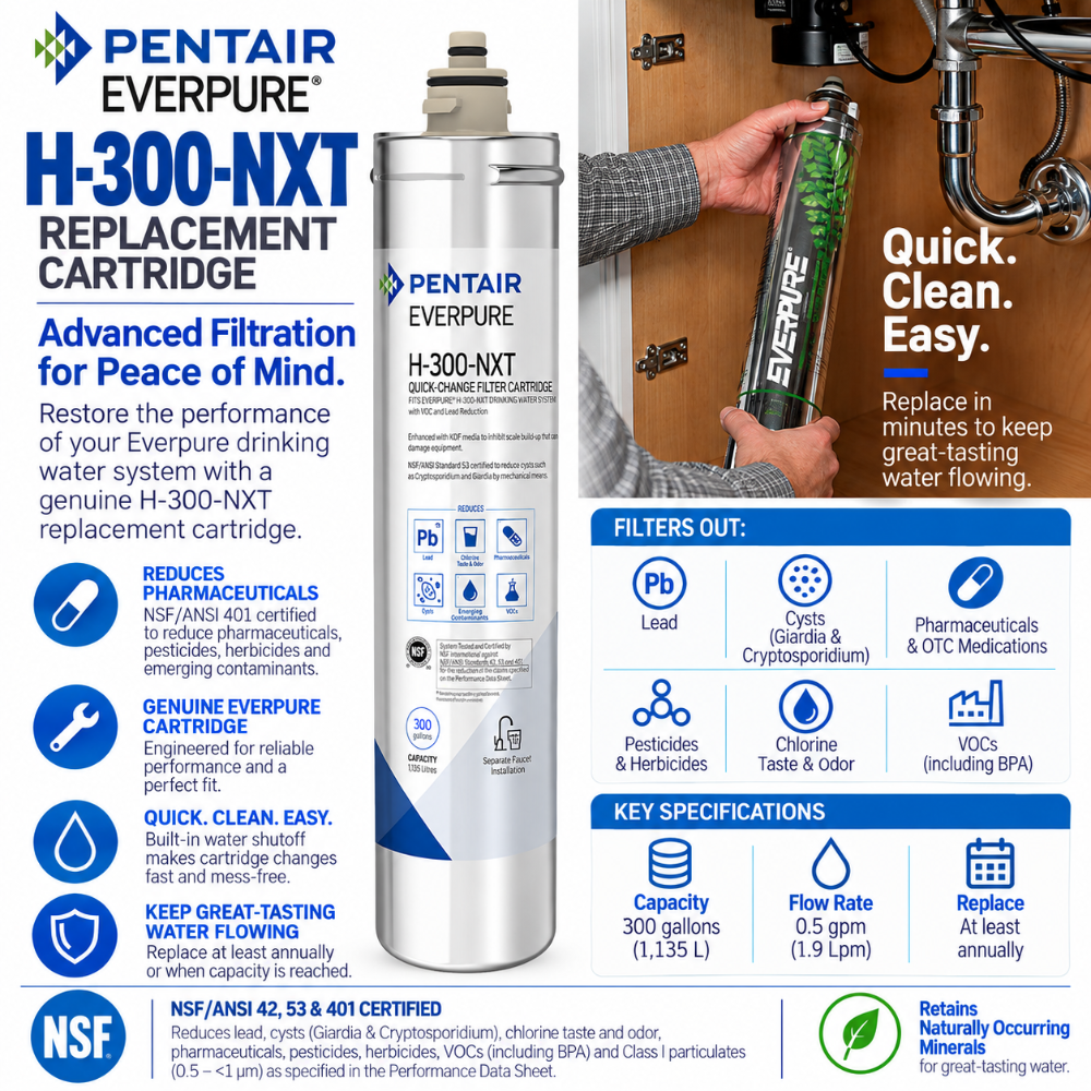 Pentair Everpure H-300-NXT replacement cartridge packaging and product information on a white background, with a central bottle label, blue feature icons, NSF certification text, and a photo of a plumbing setup on the right.