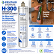 Pentair Everpure H-300 replacement filter cartridge shown on a white background with French marketing text, product specs, and a small inset photo of a person installing the filter.