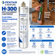 Pentair Everpure H-300 replacement cartridge filter shown in a kitchen sink installation scene with a wood cabinet and faucet visible, plus large product information graphics around the image.