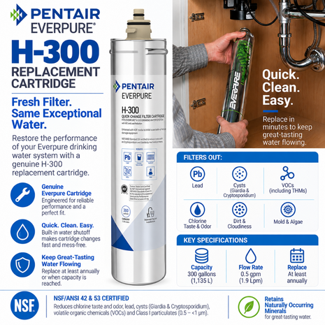 Pentair Everpure H-300 replacement cartridge filter shown in a kitchen sink installation scene with a wood cabinet and faucet visible, plus large product information graphics around the image.