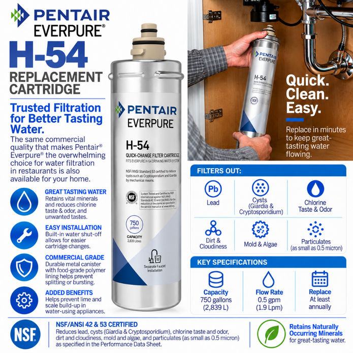 Pentair Everpure H-54 replacement cartridge filter kit with a 750 gallon filter, shown alongside a silver water flow tube and informational text and icons on a white background.