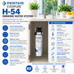 Pentair Everpure H-54 Drinking Water System infographic with blue icons and text detailing features, specifications, dimensions, and filter replacement information on a white background.