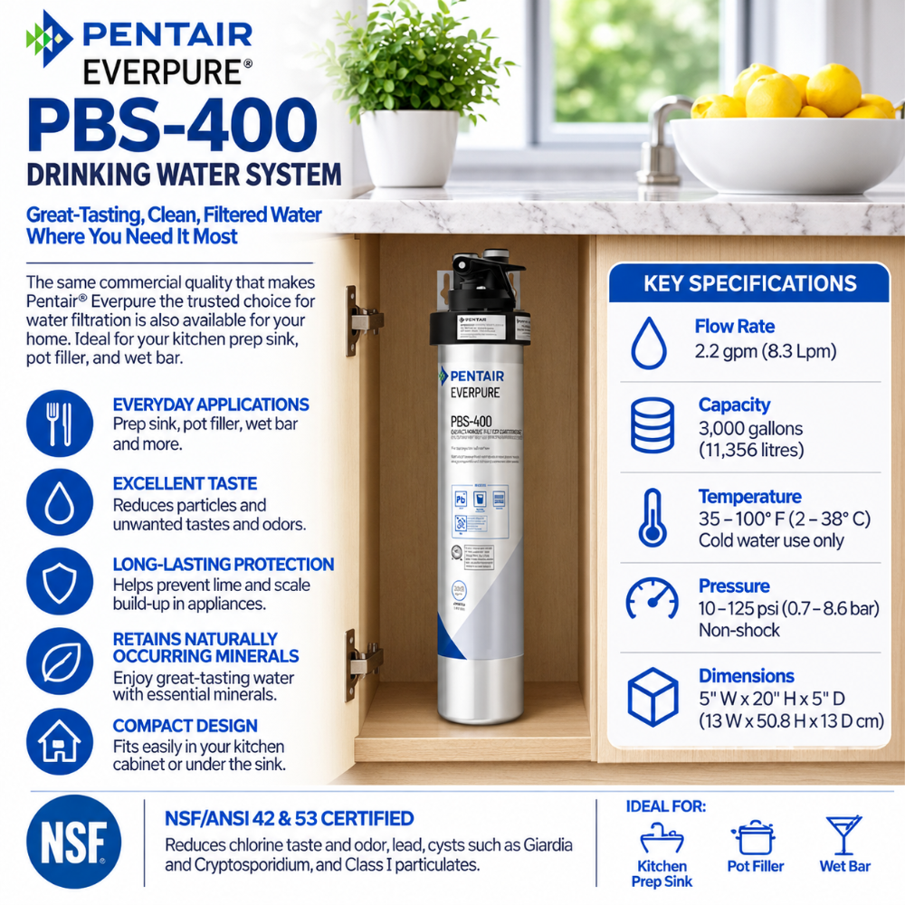 Pentair EverPure PBS-400 Drinking Water System infographic on a white background, featuring the water filter, key specifications, application icons, NSF certification, and ideal use cases.