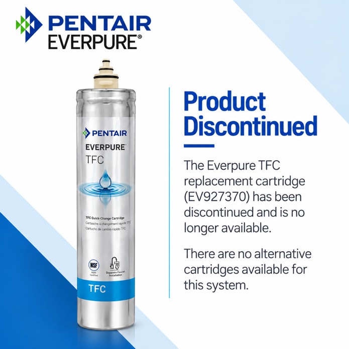 Pentair Everpure TFC replacement cartridge shown on a promotional graphic with a large 'Product Discontinued' notice and product code EV927370.