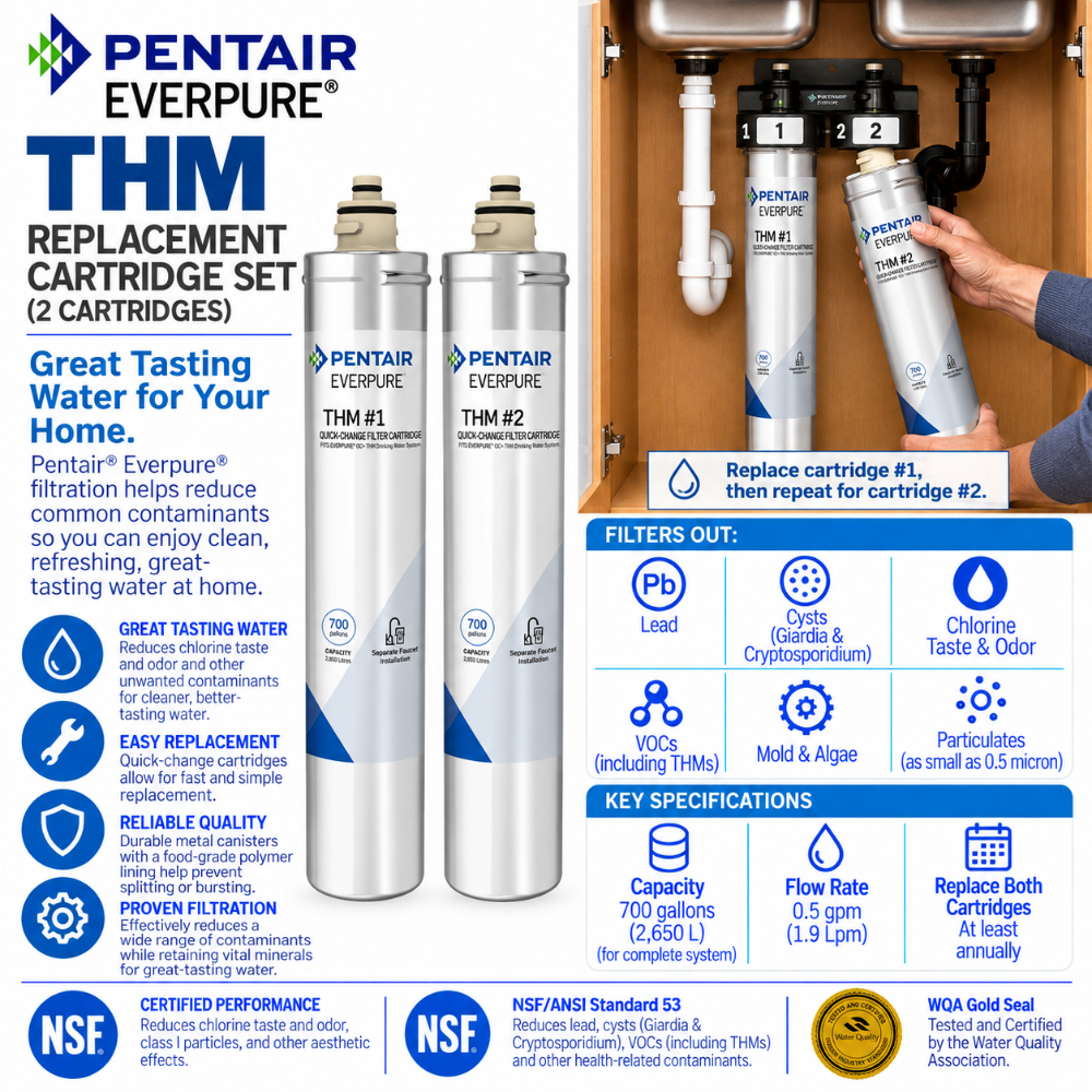 Pentair Everpure THM replacement cartridge set in an under-counter bathroom sink setup, showing two silver and white filter cartridges installed in a cabinet, alongside product information, specifications, and certification logos.