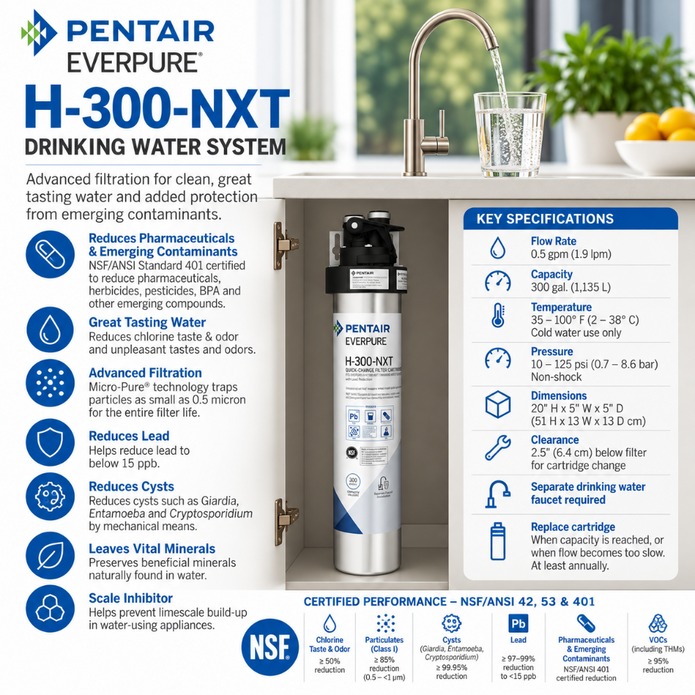 Pentair Everpure H-300 NXT Drinking Water System infographic with product specifications, benefits, and NSF certification marks on a white background.
