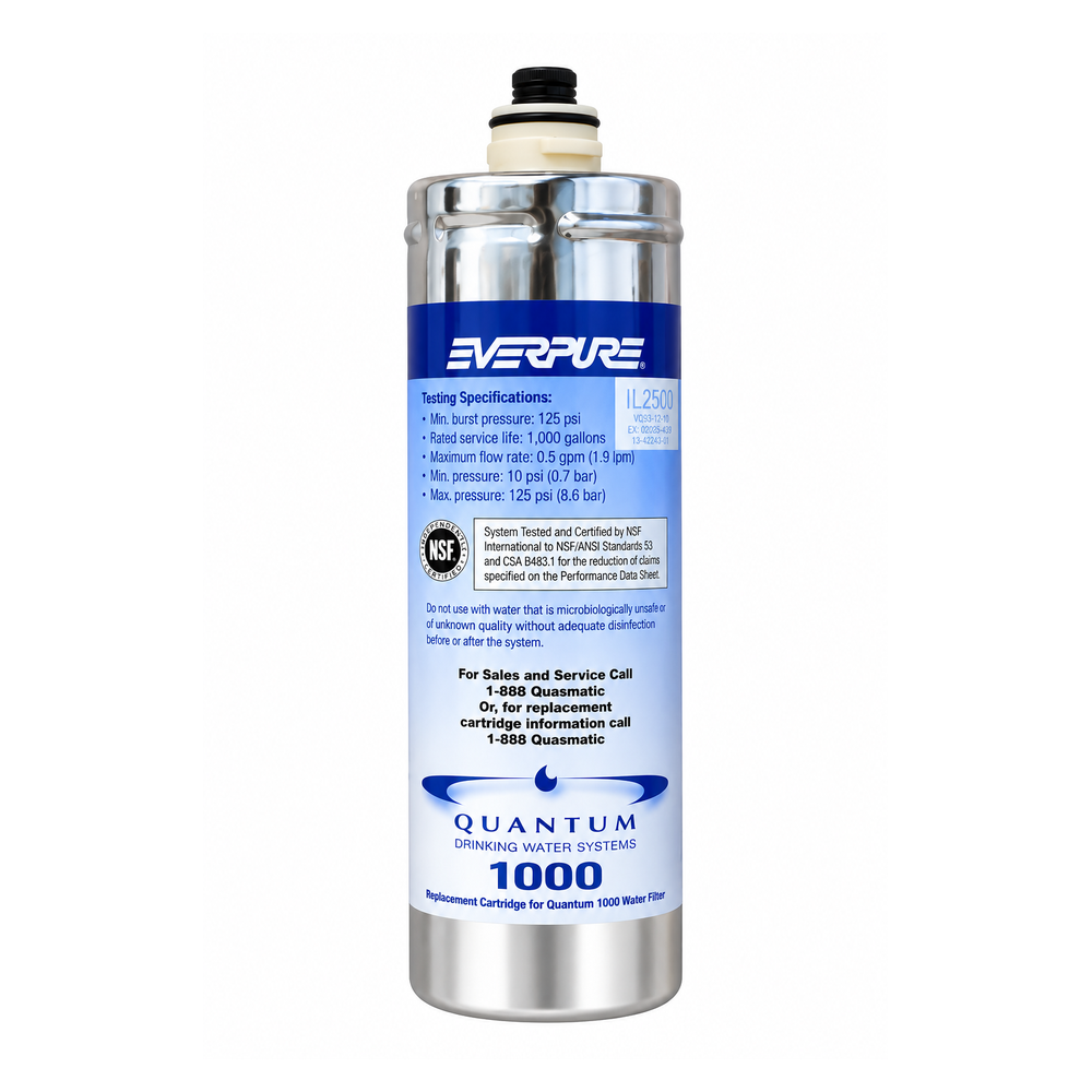 EverPure Quantum 1000 water filter replacement cartridge, featuring a silver aluminum canister with a blue and white label, a black cap, and a white filter element at the top, shown against a plain white background.